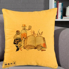 Perna Decorativa Grimoire Vrajitoare si Filtre Magice Halloween, 40x40 cm, Galben, Husa Detasabila, Perna Inclusa, BEKZ®