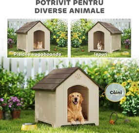 PawHut Căsuță pentru câini de talie medie și mare, ridicată, cu acoperiș înclinat, guri de aerisire și cuie, căsuță din PP, 88x78x89 cm, Bej și Maro Închis | Aosom Romania