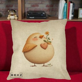 Perna Decorativa Pui cu Inima si Floarea-Soarelui, 40x40 cm, Crem, Husa Detasabila, Perna Inclusa, BEKZ®