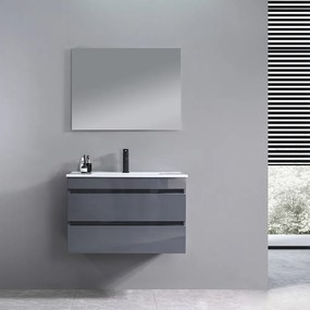 Mobilier de baie Cube, chiuvetă ceramică 80 cm, oglindă cu 2 sertare, 60x80 cm, gri antracit