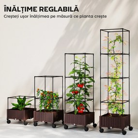 Outsunny Jardinieră Înălțată cu Spalier 20L, Pat de Grădină Înălțat pentru Exterior cu Roți Blocabile, Sistem de Autoirigare, Orificii de Drenaj pentru Plante Cățărătoare, Legume și Flori, Maro | Aosom Romania