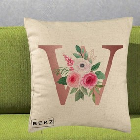 Cadou Personalizat - Perna Personalizata Monograma Rose Gold Litera W cu Trandafiri si Anemona, 40x40 cm, Bej, Husa Detasabila, Perna Inclusa, BEKZ®