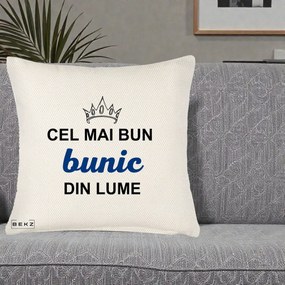 Cadou pentru Bunic - Perna Personalizata Cel Mai Bun Bunic Din Lume Coroana Albastra, 40x40 cm, Crem Reliefat, Husa Detasabila, Perna Inclusa, BEKZ®