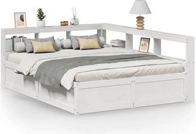 vidaXL Pat cu bibliotecă fără saltea, alb, 140x200 cm, lemn masiv pin