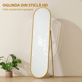 HOMCOM Oglindă Înaltă cu Cadru de Susținere, Oglindă Ovală pentru Dormitor sau Living, 40x4x160 cm, Auriu | Aosom Romania