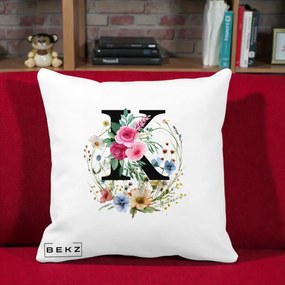 Cadou Personalizat - Perna Personalizata Monogram Litera K cu Flori Acuarela, 40x40 cm, Alba Mata, Husa Detasabila, Perna Inclusa, BEKZ®