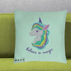 Perna Decorativa Unicorn Believe in Magic, 40x40 cm, Verde Menta, Husa Detasabila, Perna Inclusa, BEKZ®