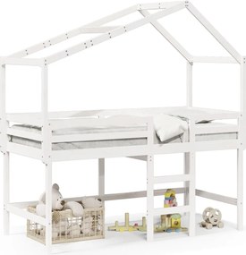 vidaXL Pat etajat cu scară și acoperiș, alb, 90x190 cm, lemn masiv pin