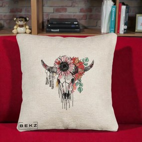 Perna Decorativa Craniu Boho Floral, 40x40 cm, Bej Canapea, Husa Detasabila, Perna Inclusa, BEKZ®