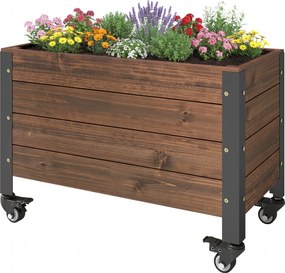 Outsunny Jardinieră înălțată din lemn cu roți, pat de grădină dreptunghiular, 60 x 30 x 41 cm, maro | Aosom Romania