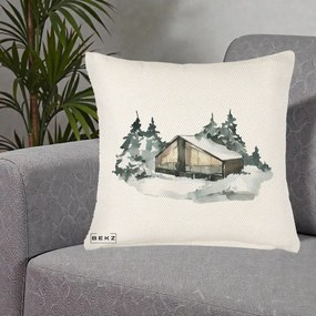 Perna Decorativa Cabana de Iarna in Padure, 40x40 cm, Crem Reliefat, Husa Detasabila, Perna Inclusa, BEKZ®