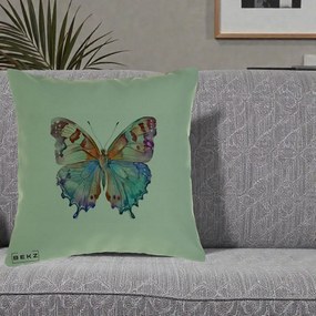 Perna Decorativa Fluture Acuarela Multicolor Portocaliu-Bleu-Mov, 40x40 cm, Verde, Husa Detasabila, Perna Inclusa, BEKZ®