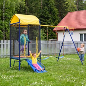 Dispozitiv multifuncțional 4-în-1 pentru exterior pentru copii, trambulină cu plasă de siguranță, pentru 3–8 ani, 336x217x238 cm, Multicolor