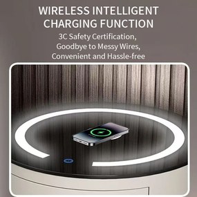 Noptieră inteligentă multifuncțională rotundă, 3 sertare, iluminare LED-uri Touch, încărcare fără fir, încărcare USB, difuzor Bluetooth, sticlă securizată, Alb