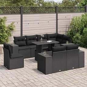 3326816 vidaXL Set mobilier de grădină cu perne, 9 piese, negru, poliratan