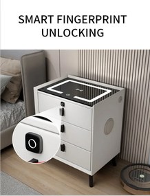 Noptieră inteligentă multifuncțională, 3 sertare, blocare cu amprentă, LED-uri tactile, 3 tipuri de culoare, încărcare fără fir, Difuzor Bluetooth, incarcare USB, sticla securizata, Alb