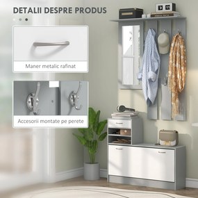 HOMCOM Set de Mobilier pentru Hol cu Raft pentru Pantofi, Oglindă și 2 rafturi Reglabile, 90x24x177 cm, Gri | Aosom Romania