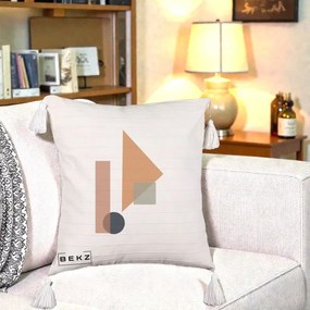 Perna Decorativa Geometric Bauhaus Triunghi, 40x40 cm, Bej cu Franjuri, Husa Detasabila, Perna Inclusa, BEKZ®