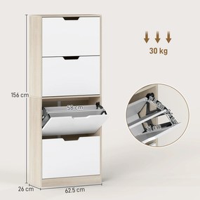HOMCOM Dulap Subțire pentru Pantofi cu 4 Sertare pentru 16 de Perechi de Pantofi 62.5x26x156 cm, Culoare Lemn și Alb | Aosom Romania