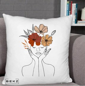 Perna Decorativa Portret Feminin Coroana Trei Flori, 40x40 cm, Alb Pufos, Husa Detasabila, Perna Inclusa, BEKZ®
