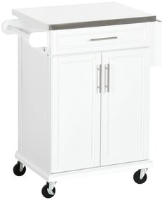 HOMCOM Masuta bucatarie cu rotile insula centrala de bucatarie cu blat din otel, raft reglabil, sertar, suport pentru condimente, alb | Aosom Romania