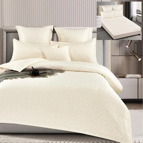 Set lenjerie de pat cu elastic, model embosat, tesatura tip finet, 6 piese, pat 2 persoane, crem, T4-01