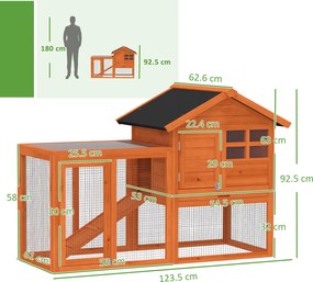 PawHut Coteț iepuri 2 etaje coteț cu acoperiș bituminos impermeabil parc exterior rampă uși lemn 123,5x62,6x92,5 cm Portocaliu | Aosom Romania
