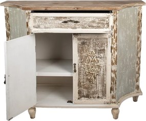 Bufet din lemn masiv, alb și gri, cu 2 uși ornamentate, 1 sertar și colțuri teșite, aspect vintage, finisaj antichizat, 97 x 120 x 40 cm, „Maisonette”
