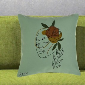 Perna Decorativa Portret Feminin Trandafir Ruginiu, 40x40 cm, Verde, Husa Detasabila, Perna Inclusa, BEKZ®