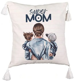 Perna Decorativa cu Franjuri, Model Super Mom, 45x45 cm, Ecru, Cu fermoar