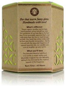 Lumânare organică Patchouli Vanilie 200 g însticlă nuanță chilimbar