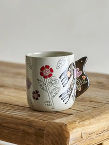 Set 4 cești din ceramică artizanală, natur,pictate manual cu flori stilizate și pasăre, cu toartă sculptată, „Vivielle"