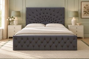Pat tapițat Chesterfield din catifea Venezia 160×200 cm, gri închis, cu ladă de depozitare