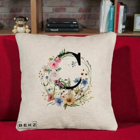 Cadou Personalizat - Perna Personalizata Monogram Litera C cu Flori Acuarela, 40x40 cm, Bej Canapea, Husa Detasabila, Perna Inclusa, BEKZ®