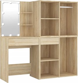 vidaXL Masă toaletă cu LED/2 dulapuri, stejar sonoma, lemn prelucrat