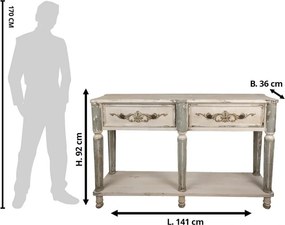 Consolă hol shabby chic din lemn, alb, cu 2 sertare, raft, picioare gri canelate și ornamente sculptate, 92 x 141 x 36 cm, „Marguerite”