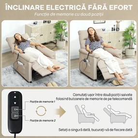 HOMCOM Fotoliu Relaxant Electric cu Masaj și Încălzire, cu Suport pentru Picioare, Silențios, Reclinabil 150° în Material Catifelat Prietenos cu Animalele, cu Funcție de Memorare, 2 Telecomenzi pentru Sufragerie, Bej | Aosom Romania