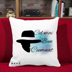 Cadou pentru Cumnat - Perna Personalizata Cel mai Bun Cumnat cu Silueta Palarie si Pete Teal-Roz, 40x40 cm, Alba Mata, Husa Detasabila, Perna Inclusa, BEKZ®
