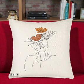 Perna Decorativa Portret Feminin Doua Flori, 40x40 cm, Crem Reliefat, Husa Detasabila, Perna Inclusa, BEKZ®