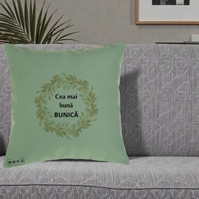Cadou pentru Bunica - Perna Personalizata Cea Mai Buna Bunica Coronita Frunze Acuarela, 40x40 cm, Verde, Husa Detasabila, Perna Inclusa, BEKZ®
