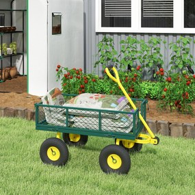 Outsunny Cărucior de Grădină Robust, Remorcă din Oțel cu Pereți Laterali Detașabili, Convertibil în Platformă, Roți de 25cm, Mâner Rotativ la 180°, Capacitate 200 kg, pentru Plajă, Peluză și Grădină, Verde | Aosom Romania