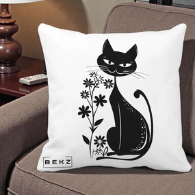 Perna Decorativa Pisica Neagra Grafica Minimalista, 40x40 cm, Alba Mata, Husa Detasabila, Perna Inclusa, BEKZ®