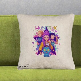 Perna Personalizata K-pop HUNTRX Trio cu Pisica Stele, 40x40 cm, Bej Canapea, Husa Detasabila, Perna Inclusa, BEKZ®