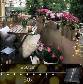 Ghirlandă solară decorativă, 50 LED, 8 funcții, 500 mAh, 9,5 m, IP67, alb cald