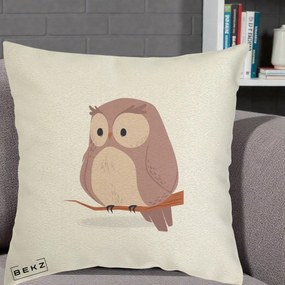 Perna Decorativa Bufnita Kawaii pe Creanga, 40x40 cm, Ecru, Husa Detasabila, Perna Inclusa, BEKZ®