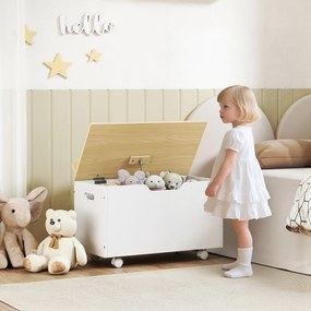 AIYAPLAY Cufăr de jucării pentru copii pe roți, cutie de depozitare pentru copii cu capac rabatabil, 59 x 30 x 53 cm, alb | Aosom Romania