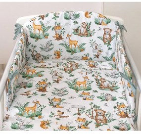 Amy - Set lenjerie din bumbac cu protectie laterala pentru pat bebe 120 x 60 cm. Animalute de padure.