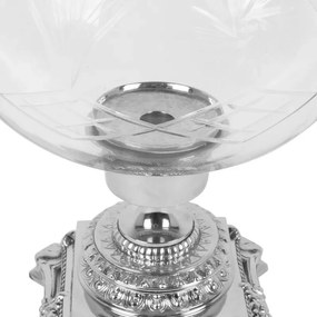 Suport lumânare din alamă lucrată manual și sticlă, argintiu, cu clopot gravat în formă de lalea și bază pătrată pe patru picioare sculptate, 50 x 24