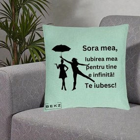 Cadou pentru Sora - Perna Personalizata Sora Mea Te Iubesc Siluete Negre cu Umbrela, 40x40 cm, Verde Menta, Husa Detasabila, Perna Inclusa, BEKZ®