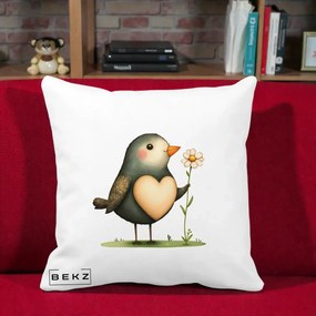 Perna Decorativa Pasare cu Inima si Margareta, 40x40 cm, Alba Mata, Husa Detasabila, Perna Inclusa, BEKZ®